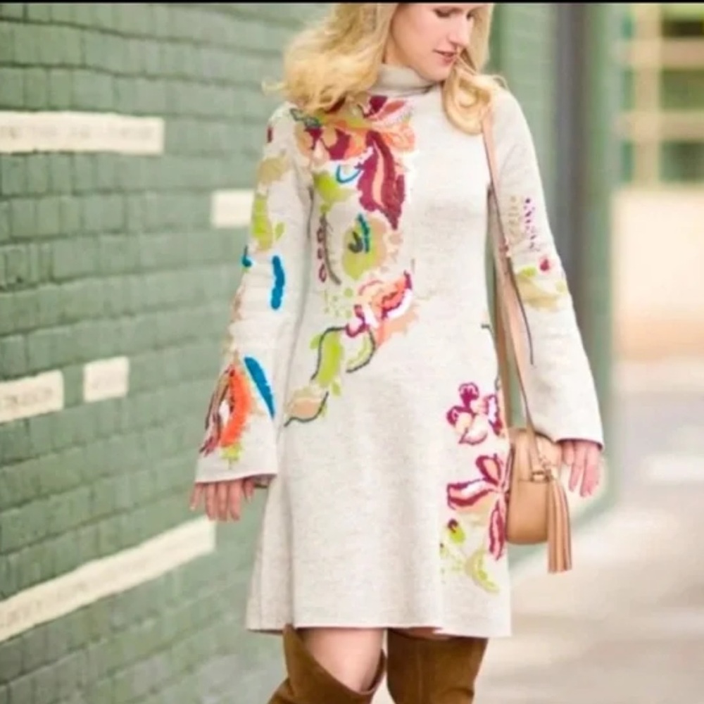 Anthropologie Knit and Knotted Embroidered Petals Swing Sweater Dress - Picture 3 of 9